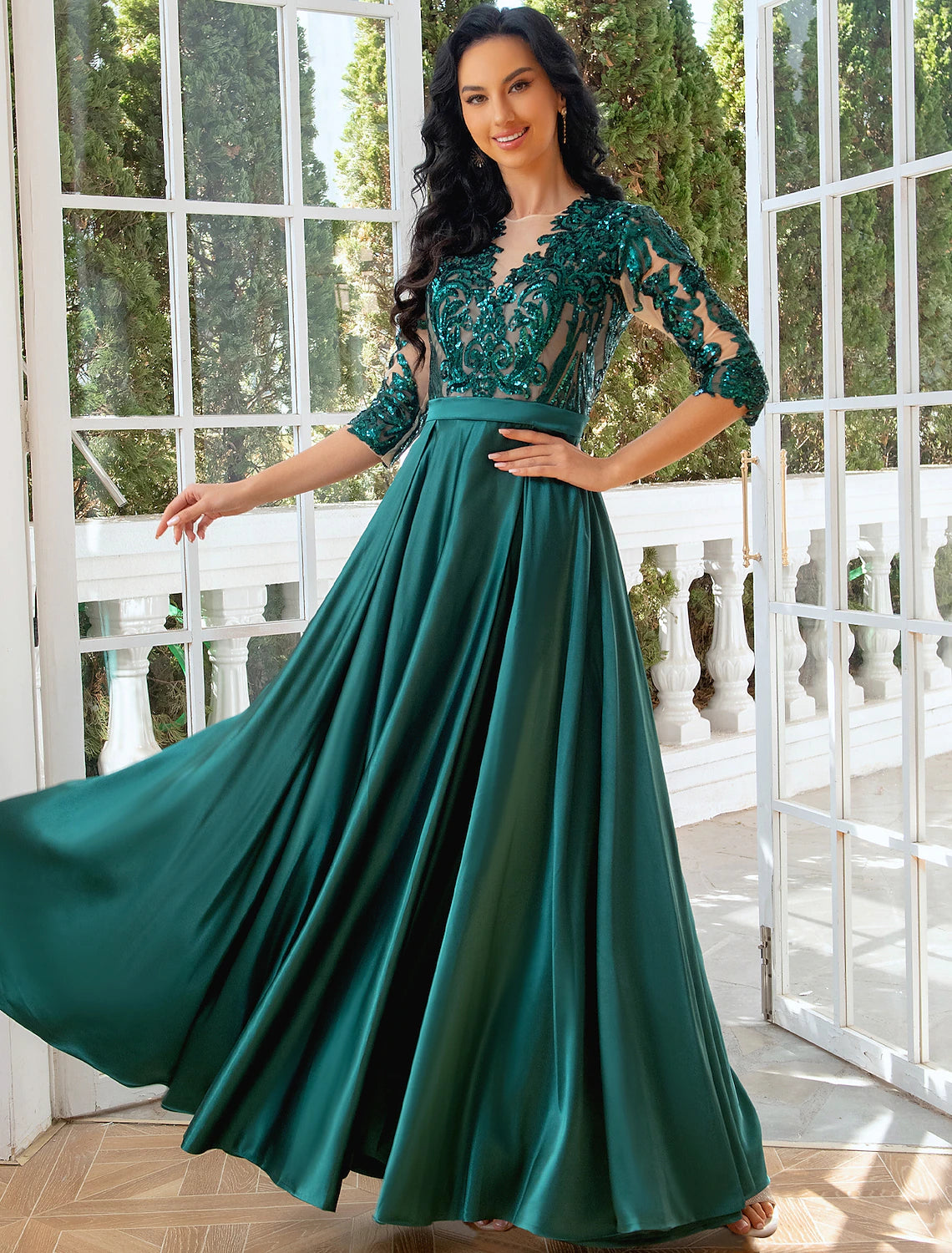 Wholesale A-Line Evening Gown Sparkle & Shine Dress Wedding Party Birthday Floor Length Half Sleeve Illusion Neck Satin with Pleats Sequin